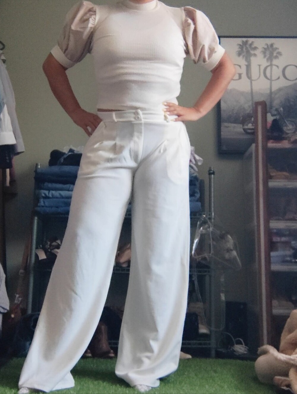 Zara Ivory Ribbed Knit Top with Puff Sleeves